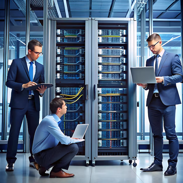 businessmen work server room racks analyzing data ensuring smooth network operations 856795 79807