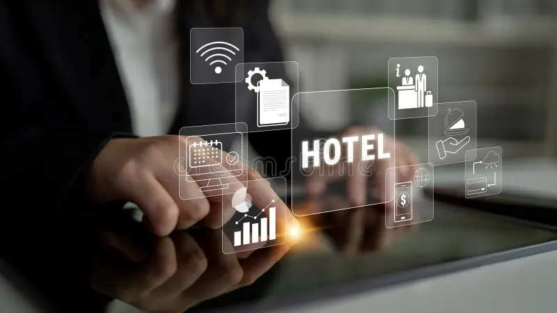 conceptual digital interface hotel management booking services featuring various related icons symbols modern technology 444925330