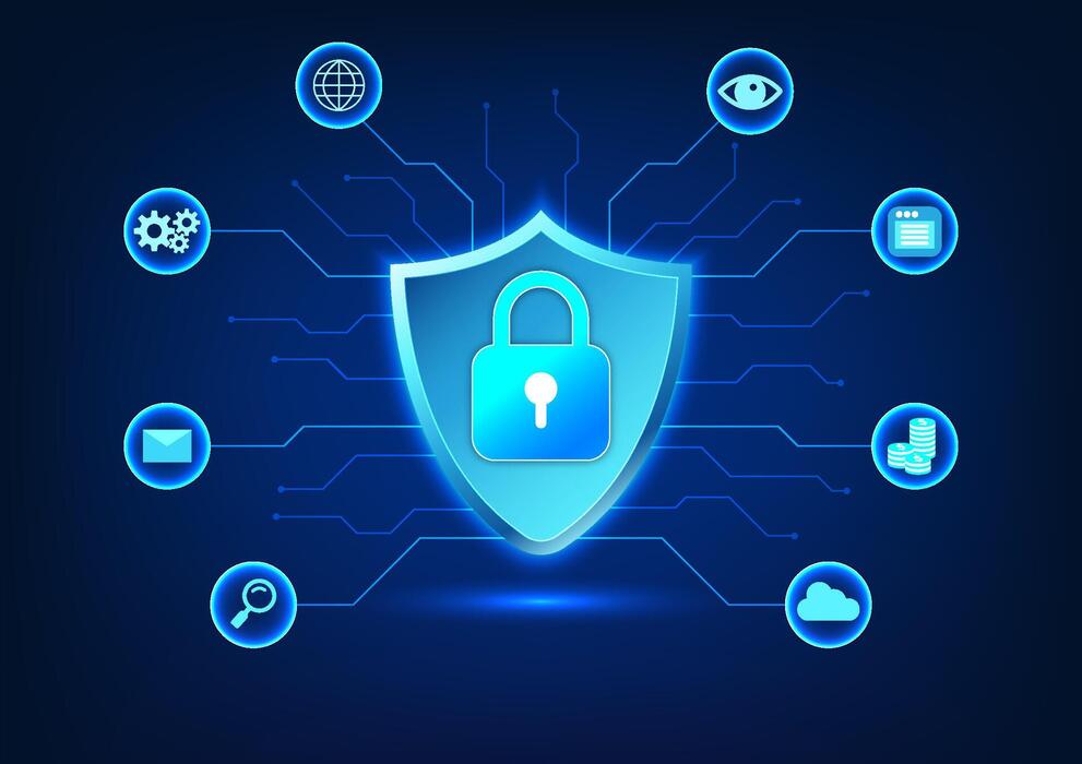 security technology there is a shield and a lock inside with a circuit that connects to smart technology refers to technology that protects cyber data from leakage or loss vector