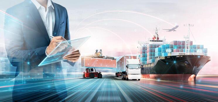 smart logistics global business and warehouse technology management system concept businessman using tablet control delivery network distribution import export double exposure future transportatio