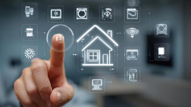 human finger interacting with futuristic smart home system and iot device icons on digital screen photo
